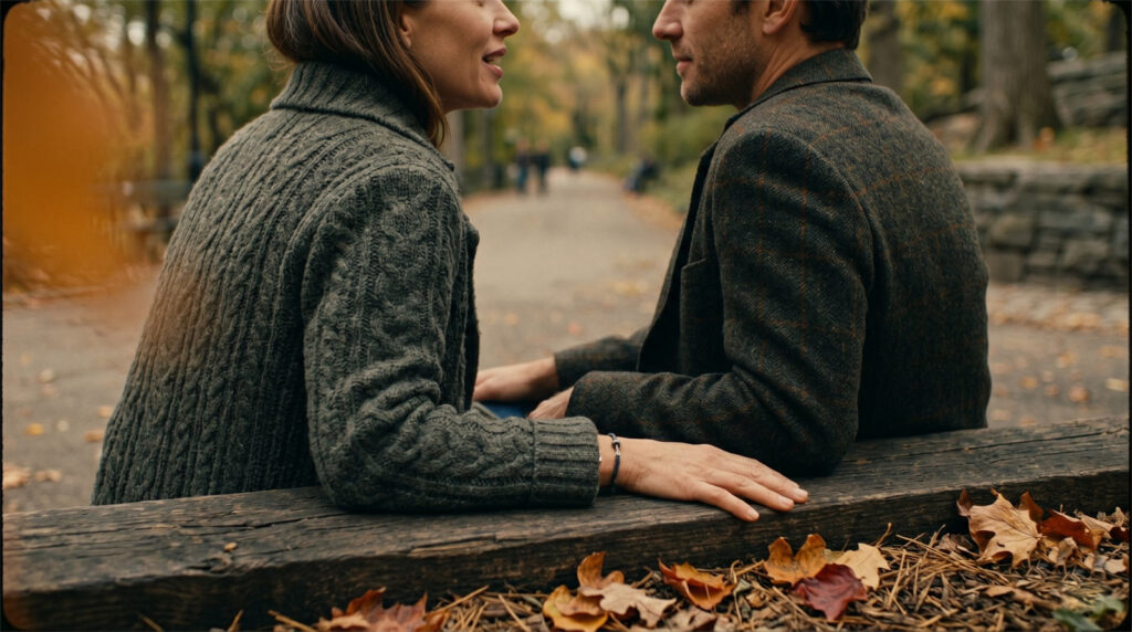 Cinematic over-the-shoulder photo of a couple talking on a park bench during a walk, highlighting healthy communication outside the bedroom.