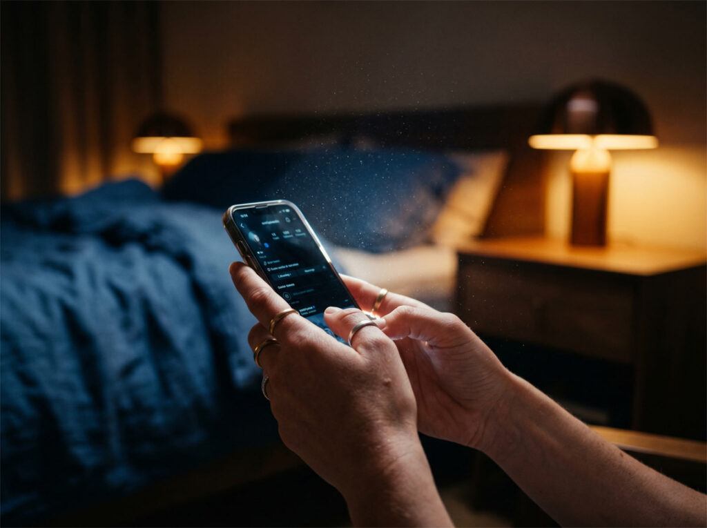 Close-up of hands holding a glowing smartphone in a dimly lit bedroom, reflecting digital dating fatigue and texting burnout.
