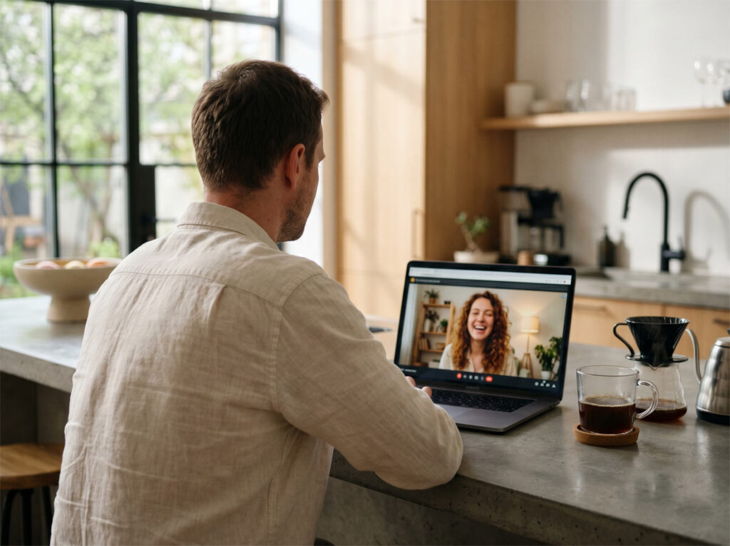 Over-the-shoulder view of a casual video pre-date call on a laptop screen next to a morning coffee, showcasing modern digital matchmaking.