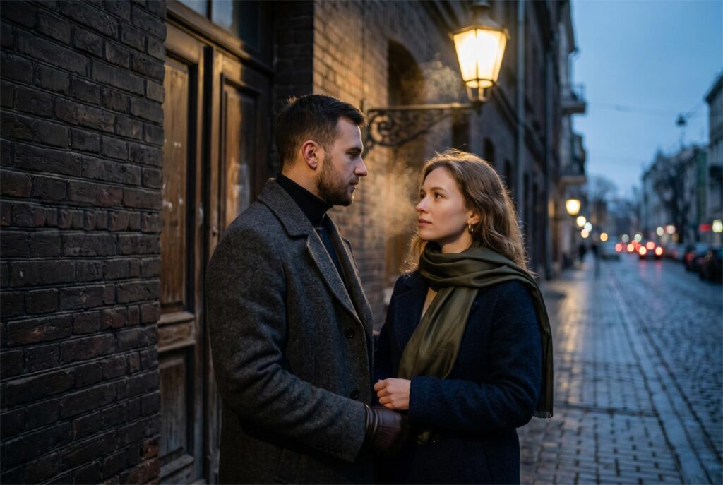 A couple standing close together outside on a city street at twilight, showing the body language of a lingering goodbye and building physical intimacy naturally.