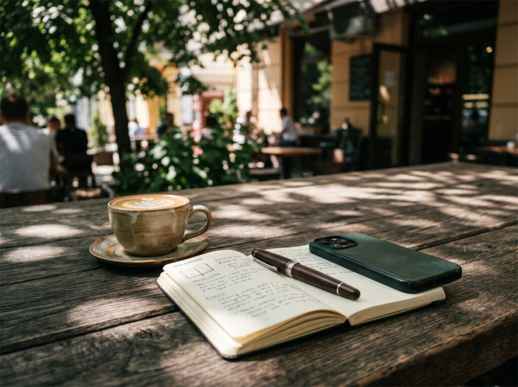 Flat white coffee and an open notebook on a sunny wooden table with a phone lying face down, representing mindful dating communication and digital boundaries.
