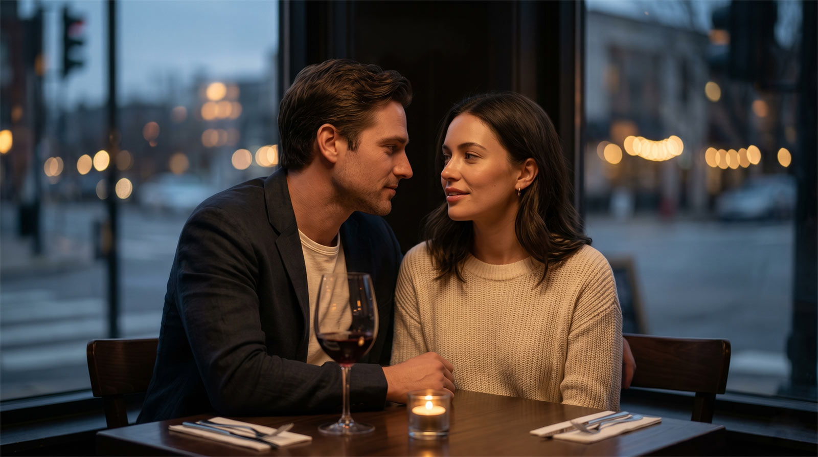 A cinematic close-up of a couple leaning toward each other at a candlelit bistro table, capturing the quiet romantic tension and reading body language signs before a first kiss.