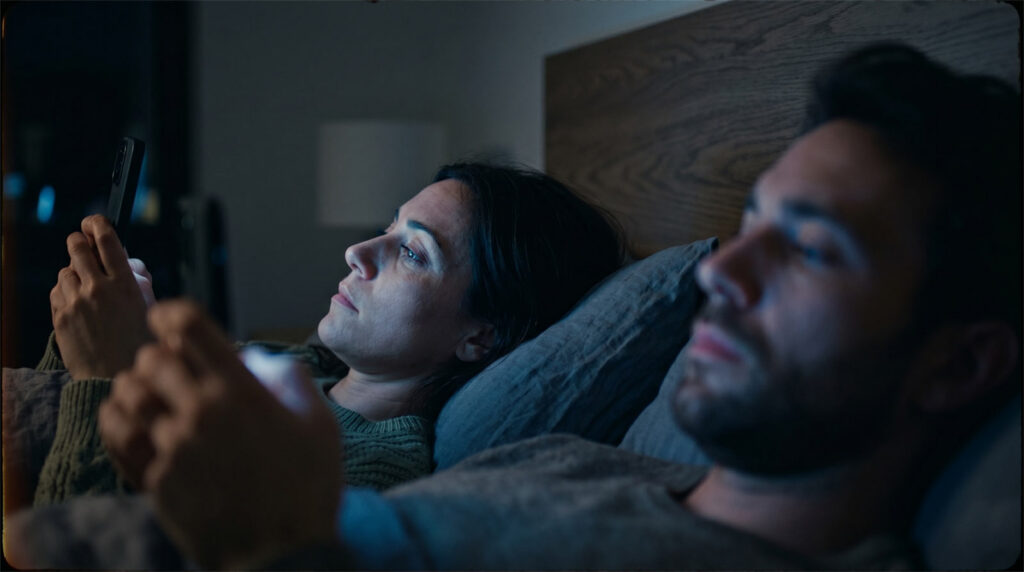 Cinematic shot of a couple lying in a dark bed looking at smartphones, illuminated by screen light, illustrating modern fatigue and lack of intimacy.