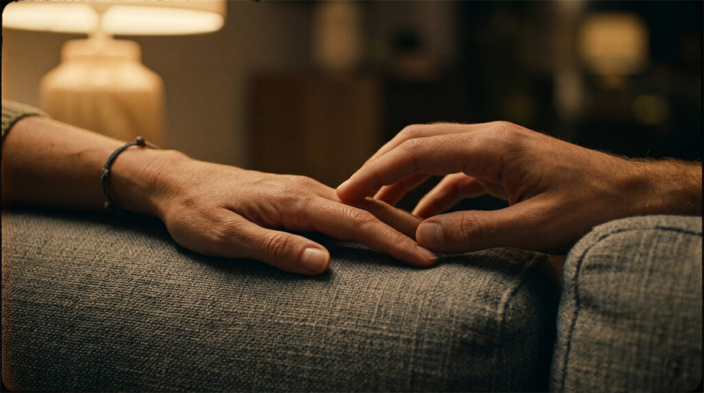 Close-up cinematic photo of a couple's hands gently touching on a couch, capturing the re-establishment of physical connection and intimacy.