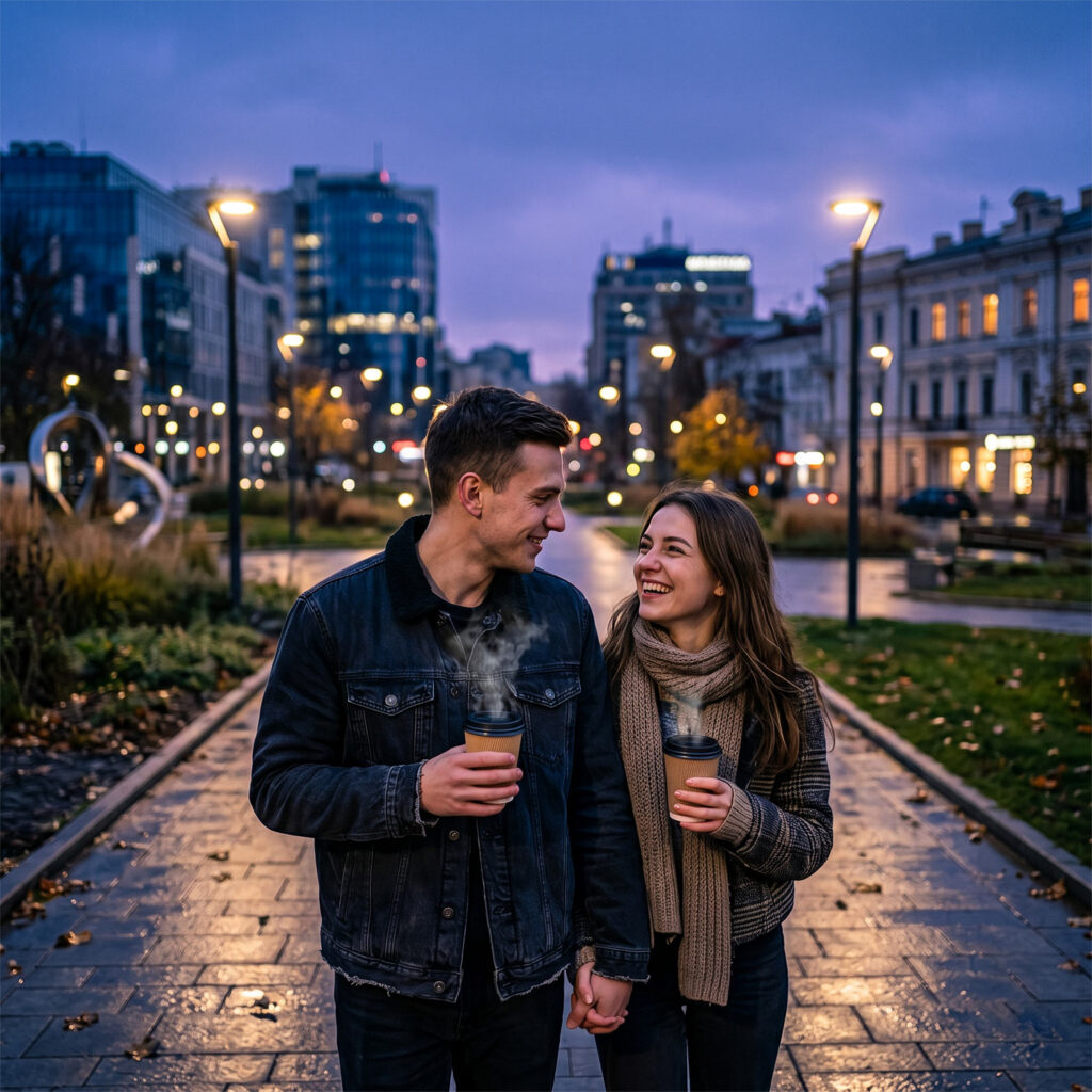 A couple walking through a city park at twilight with clear expressions of happiness, representing the peaceful "afterglow" of a sober first date.