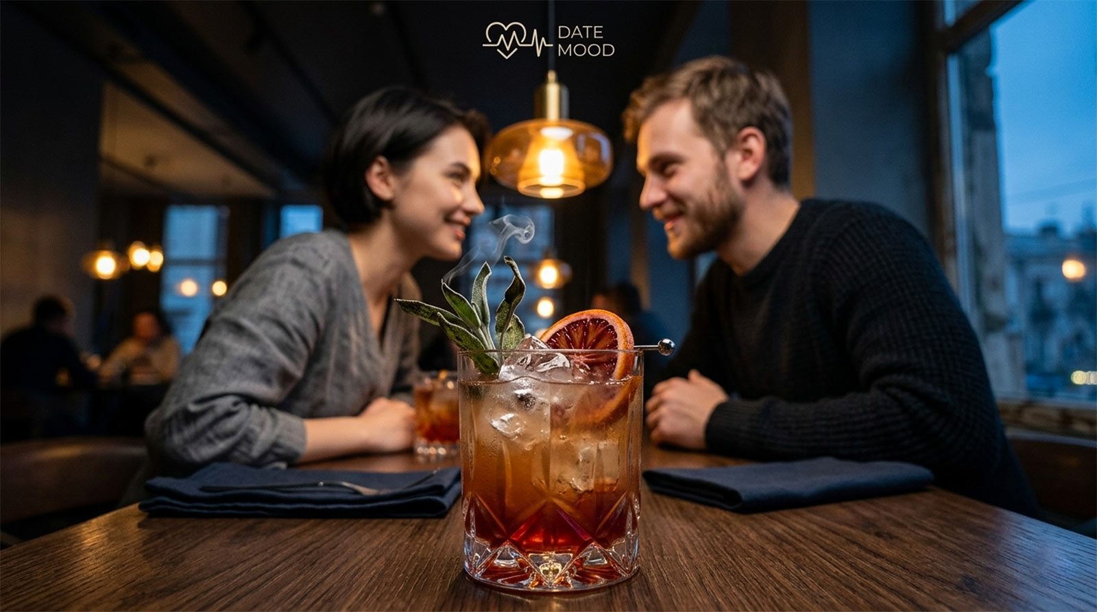 A close-up of a sophisticated crystal mocktail glass with condensation on a wooden table, symbolizing the clarity and high-end feel of sober dating in 2026.