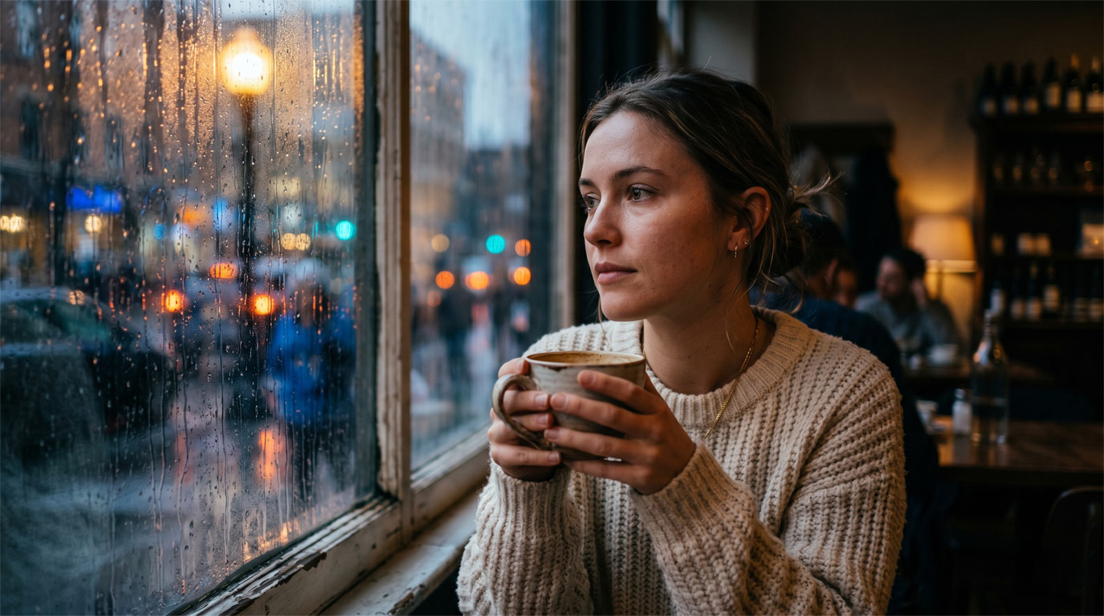 Muted cinematic photograph of a thoughtful woman holding a warm mug inside a cozy cafe at twilight, looking out a rainy window, symbolizing intentional dating anticipation.
