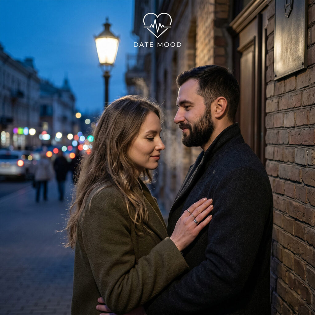 A photo-realistic close-up of a couple standing close outside at twilight, focusing on intimate tactile details and presence, representing built romantic tension.