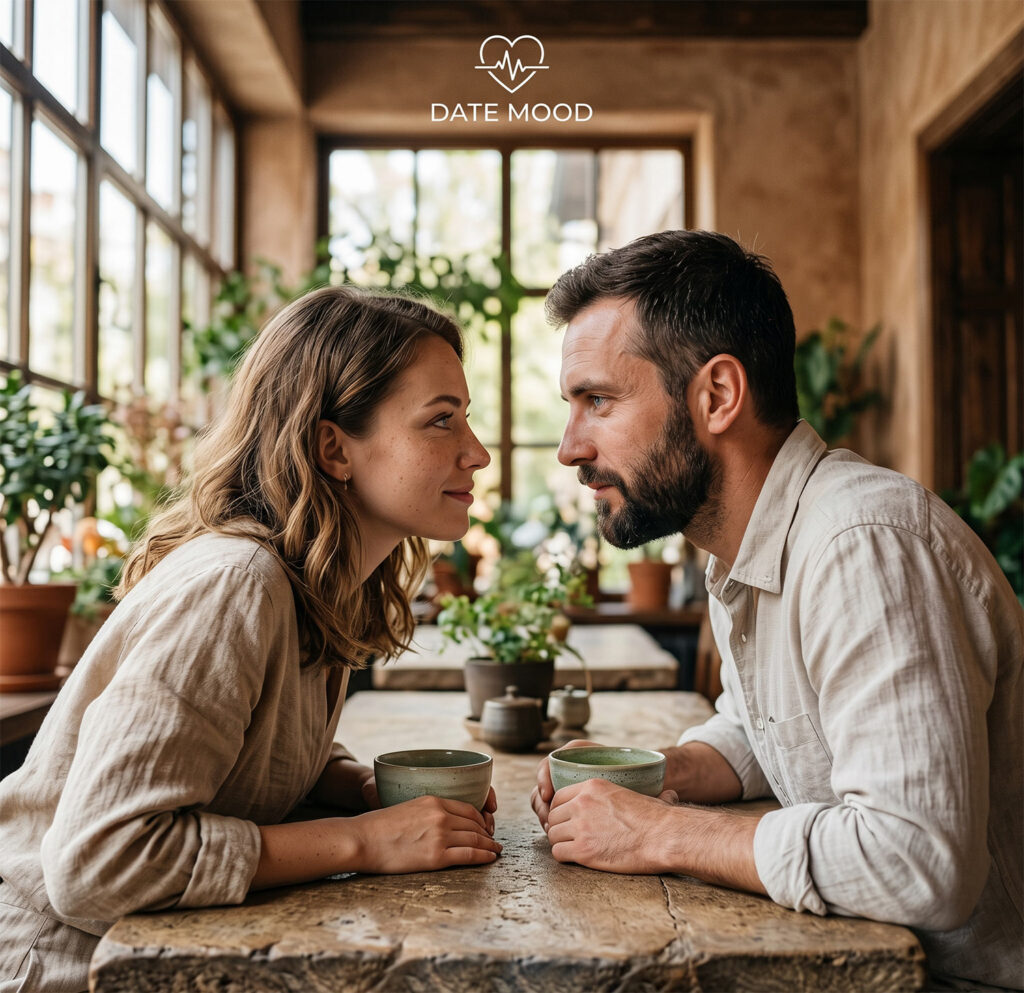A close-up of a couple locked in intense, direct eye contact across a stone cafe table, illustrating the built intimacy of asking deep, flirty questions on a first date.
