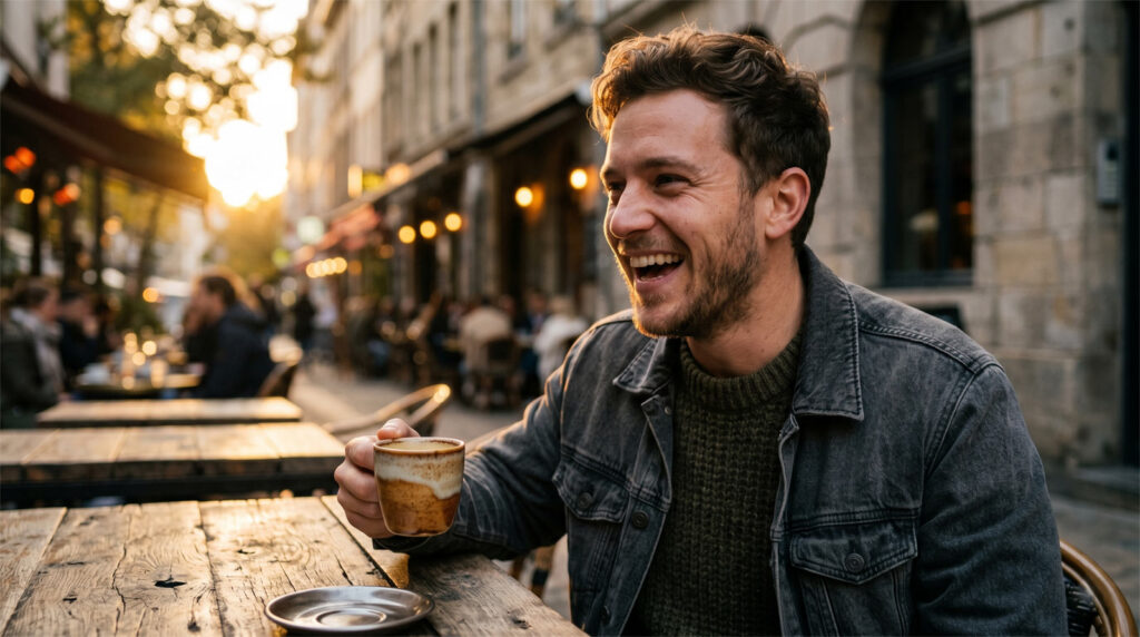 A candid close-up of a man laughing naturally at an outdoor cafe with warm golden hour sunlight.
