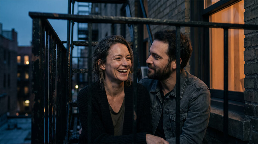 A genuine, unpolished moment between a couple laughing on a balcony at dusk, representing authentic romantic connection. Editorial film style.