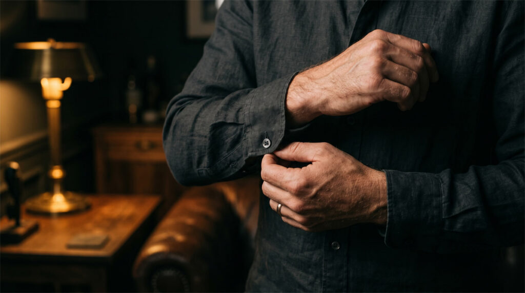 Close-up of a man adjusting his linen shirt cuff in a moody room, symbolizing authenticity in modern dating.