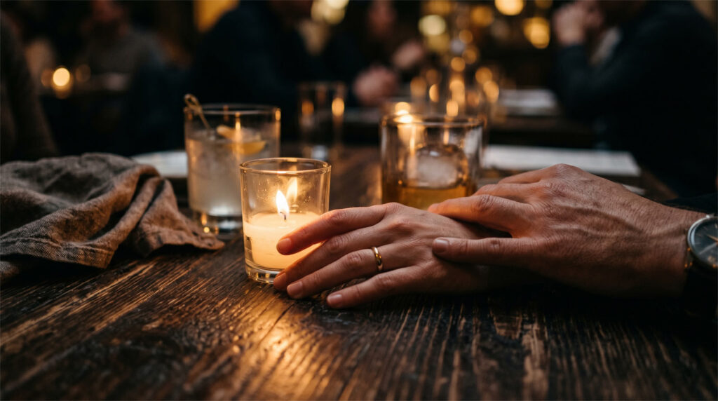 Close-up of a cozy restaurant table setting with a burning candle and cocktail glasses in a warm, moody cinematic photography style.