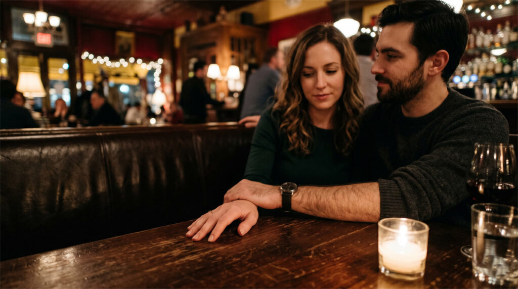 Close-up of a couple sitting close together on a leather banquette, creating romantic tension on a date.