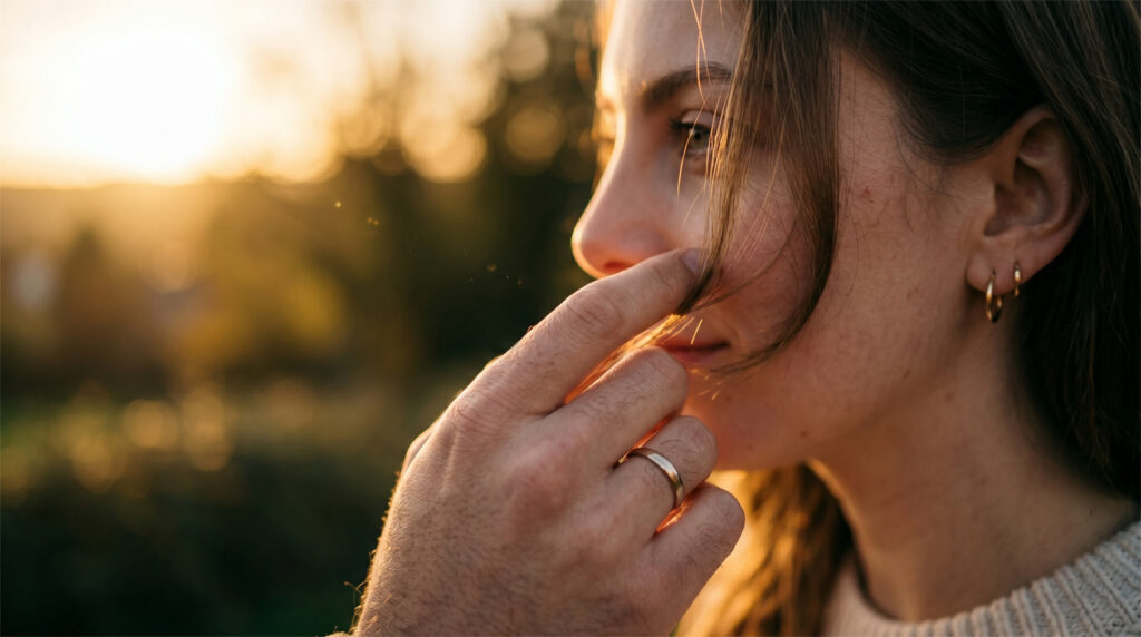 Close-up of a hand gently brushing hair from a woman's face during golden hour, showcasing the build-up of romantic tension.
