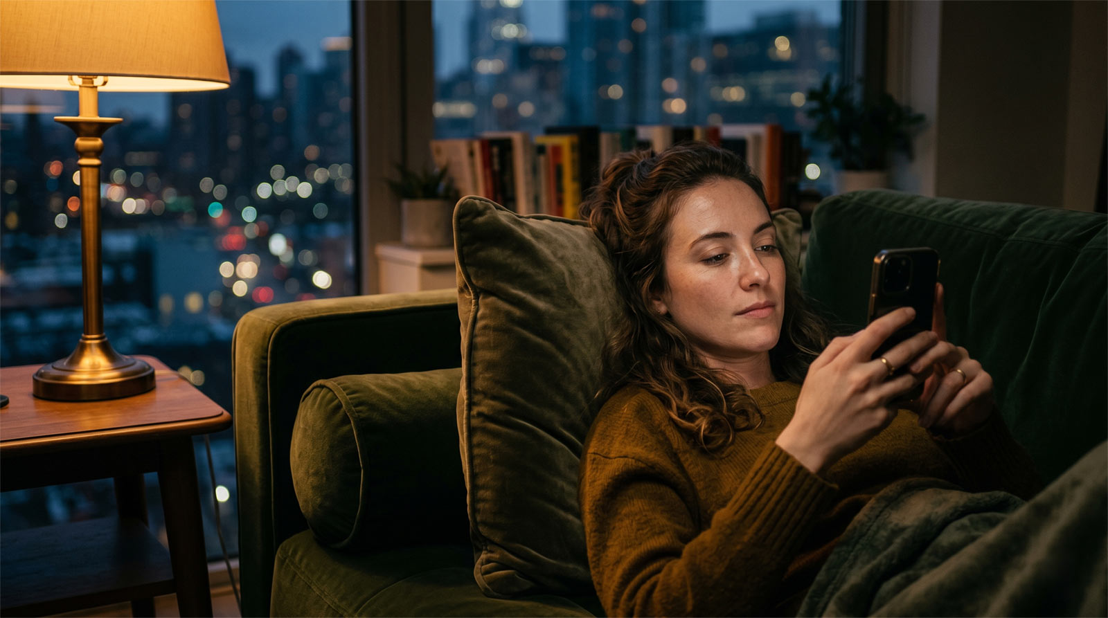 A woman resting on a velvet couch at twilight, looking thoughtfully at her glowing smartphone in a dimly lit, cozy apartment.