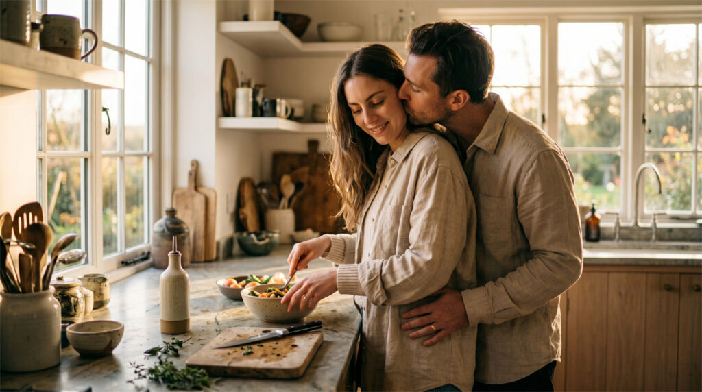 Candid cinematic shot of a couple sharing a spontaneous embrace and kiss in a bright, modern kitchen.