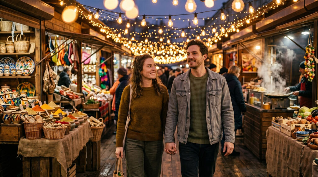 A couple walking side-by-side through an evening market illuminated by warm string lights on a casual first date.