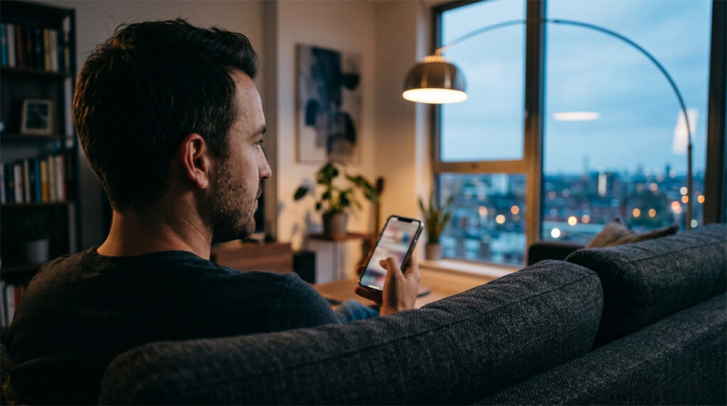 A man holding a smartphone in a moody, modern apartment during twilight, representing the balance of texting before a first date.
