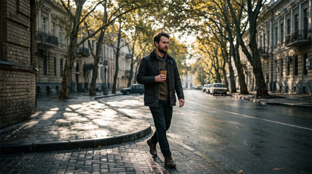 A man walking down a peaceful city street in the morning sun, illustrating the importance of maintaining independence and boundaries in a relationship.