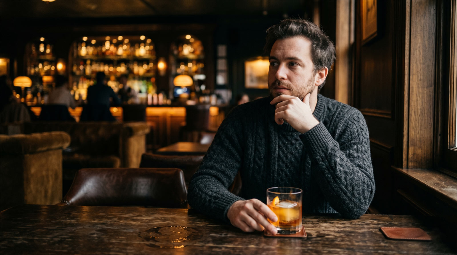 A thoughtful man in a charcoal knit sweater sitting at a wooden table in a dimly lit cocktail lounge, reflecting on intentional dating for men.