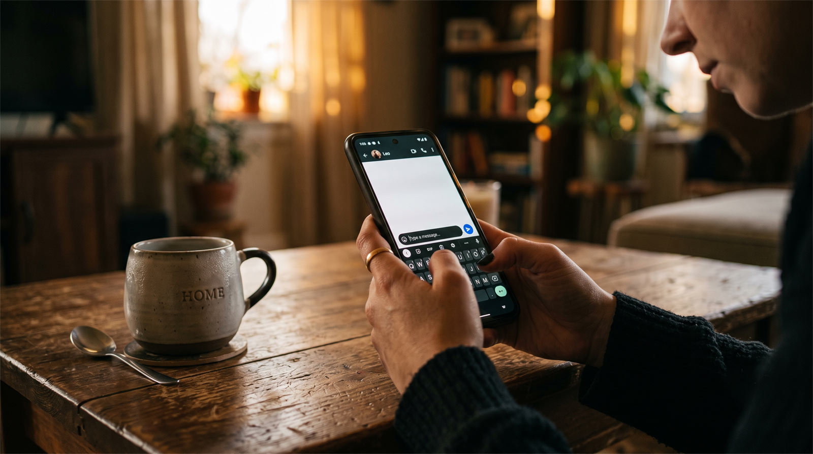 Close-up of hands holding a smartphone over a wooden table in a dimly lit room, showcasing the anxiety of texting someone you love. Authentic cinematic style.