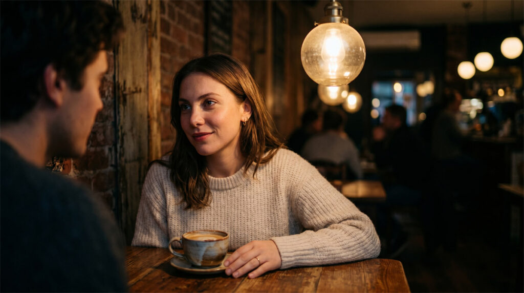 A woman smiling warmly and making direct eye contact across a cafe table, illustrating signs of romantic readiness.
