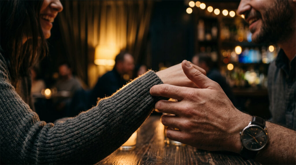 Close-up of a subtle, romantic touch on an arm during a date in a dimly lit lounge, capturing genuine connection and body language.
