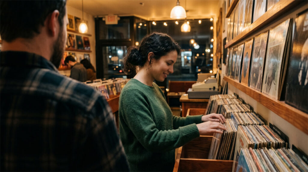 A cozy indie vinyl record store with warm ambient lighting, showcasing a seamless and low-pressure first date environment.