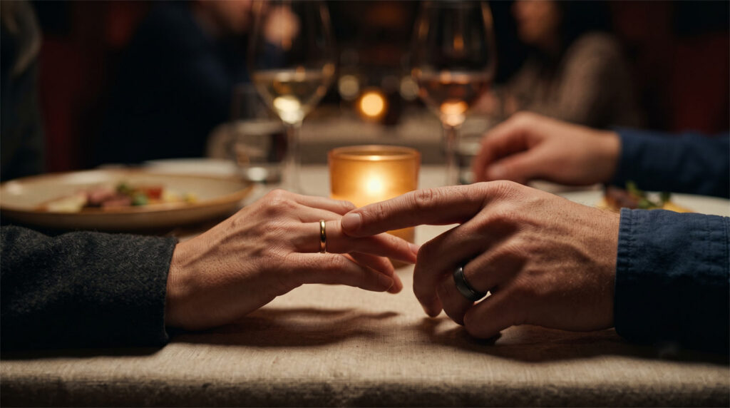 Close-up of two hands gently touching on a linen tablecloth under warm candlelight, symbolizing staying present in dating. Cinematic realism.