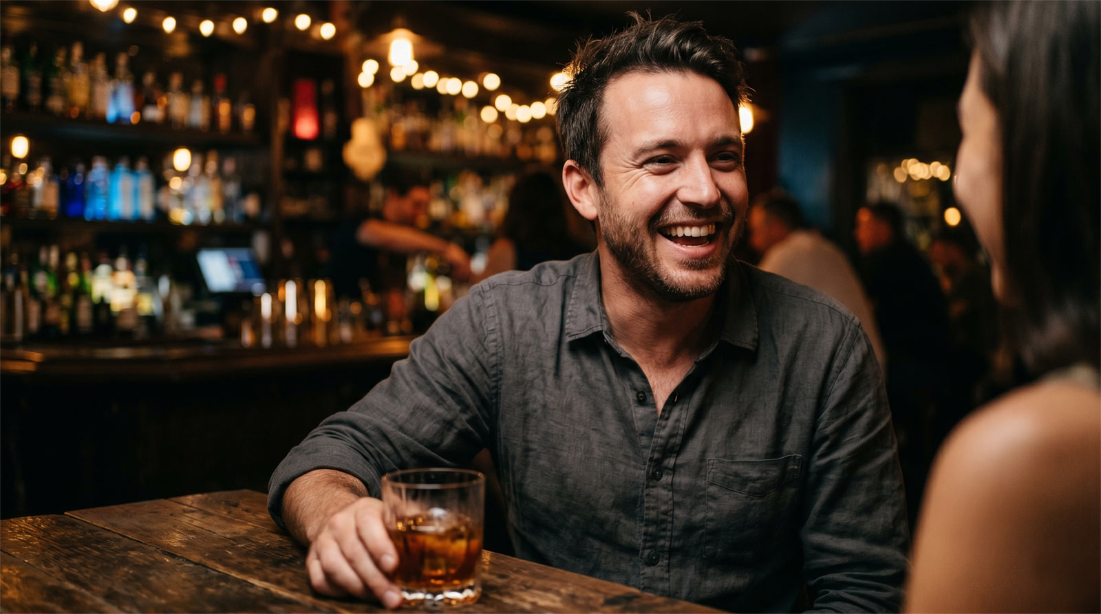 A man laughing genuinely during a date at a dimly lit cocktail bar, showcasing authentic connection and cinematic, moody editorial photography style.