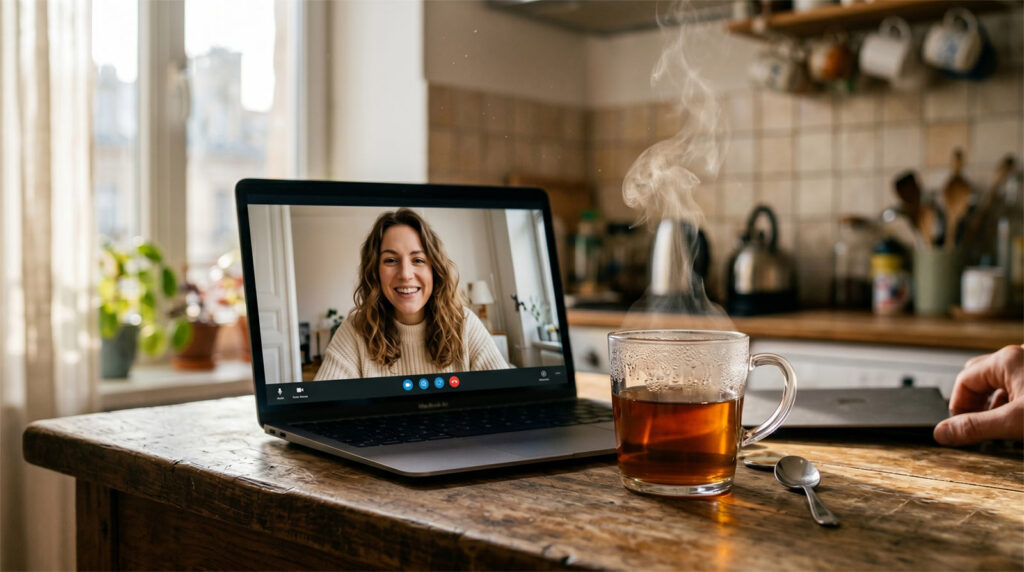 A laptop on a wooden kitchen counter showing a friendly video call face, next to a steaming mug of tea in soft morning light.