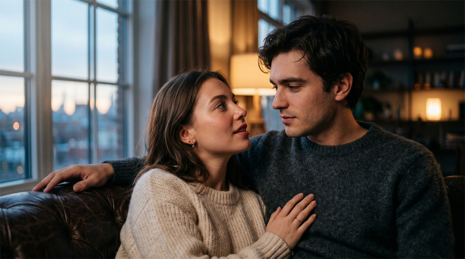Close-up cinematic shot of a couple sitting close on a sofa under soft twilight, capturing an intimate, silent moment of connection before a kiss.