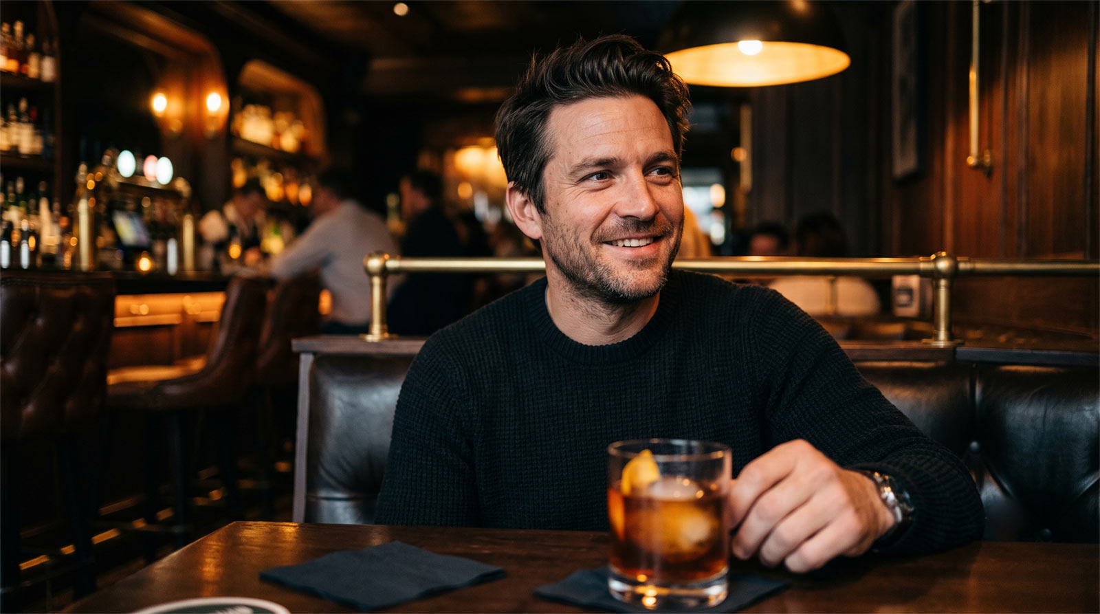 A confident man sitting at a moody cocktail bar table, representing modern intentional dating for adult men.