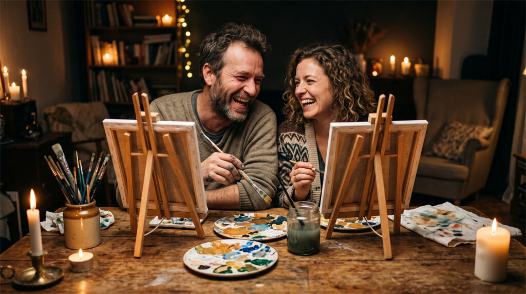 A couple laughing during a candlelit painting date night at home, with art supplies and canvas textures in the sharp foreground.