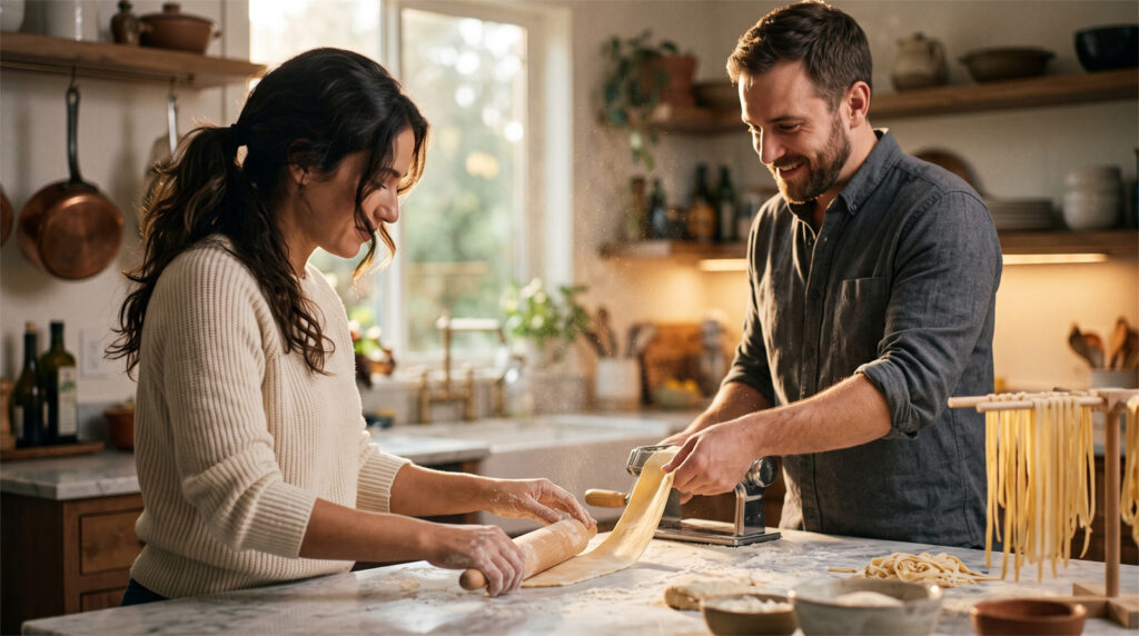 A couple cooking homemade pasta together in a warm, sunlit kitchen, with flour dust and textured dough on a marble countertop.