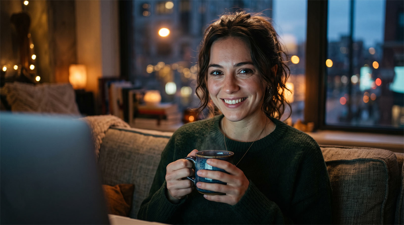 Close-up cinematic photo of a young woman smiling at a laptop screen in a dimly lit room at twilight, representing an authentic connection on the Thundr dating app.