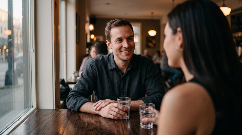 Over the shoulder cinematic shot of a couple holding intense eye contact in silence across a dark wooden table in a moody café