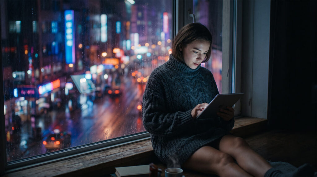 Wide cinematic photo of a woman on a window sill at midnight, illuminated by her screen while using a random video chat app, with blurry city neon lights in the background.