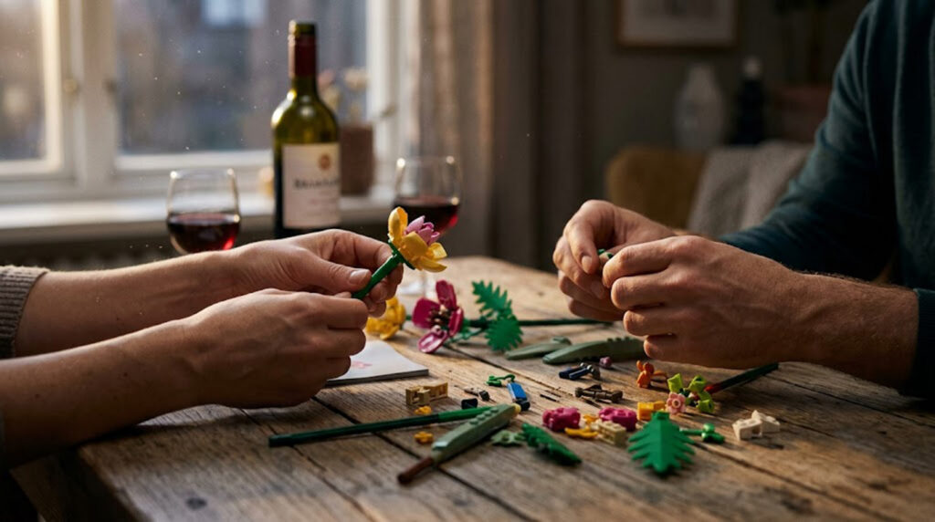 Close-up of a couple's hands building a Lego set together on a wooden table under warm, cozy lighting, emphasizing a collaborative and low-stress date.