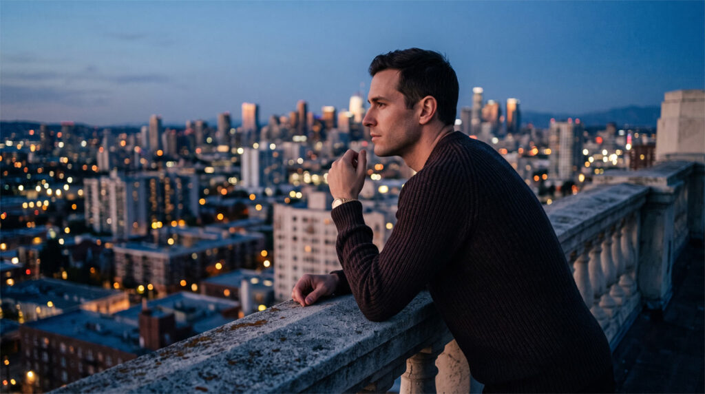 A secure and confident man looking out at a city skyline at twilight, representing self-respect in dating.