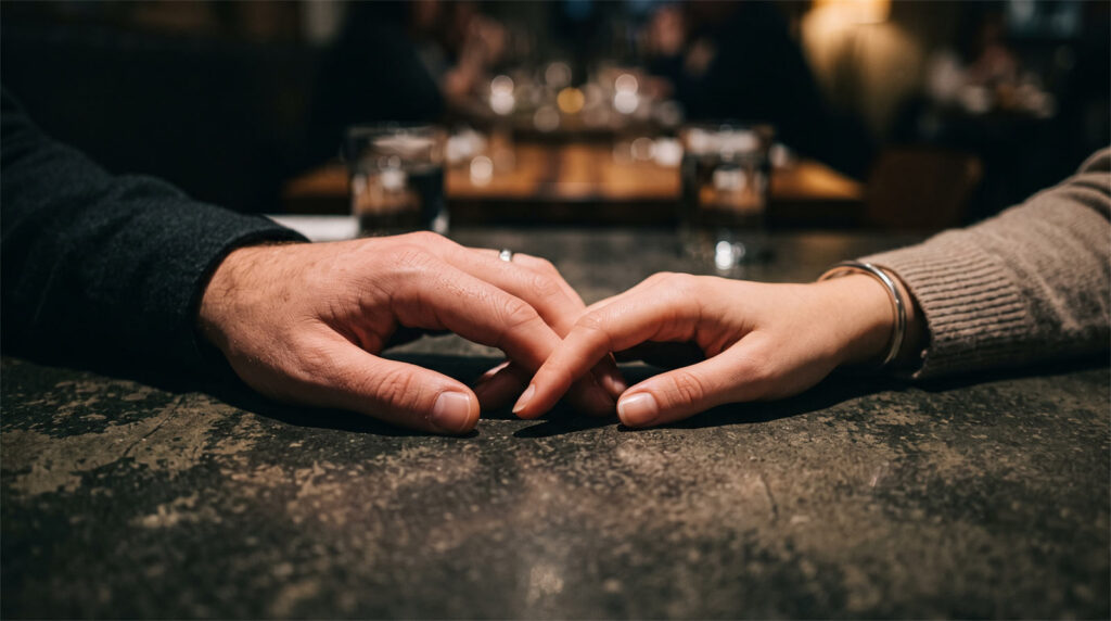 Extreme close-up of hands subtly touching on a dark tabletop, representing the subtle micro-touch technique in modern dating.