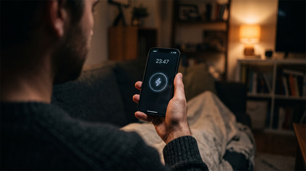 Over-the-shoulder view of a smartphone screen displaying a minimalist dark mode interface in a cozy, dimly lit room, capturing the live connection layout of the Thundr app.