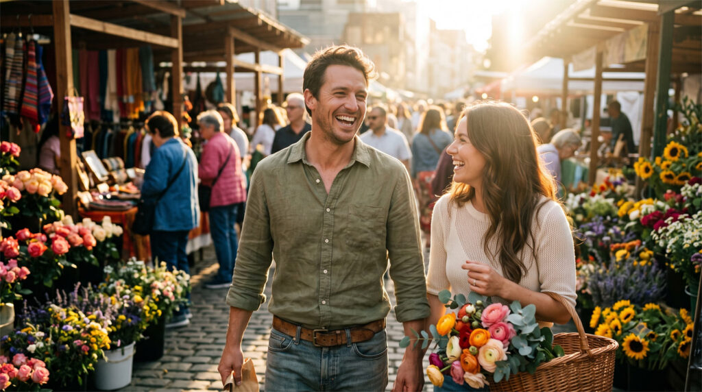A man laughing during a casual market date, shifting from a resume review to a real connection.