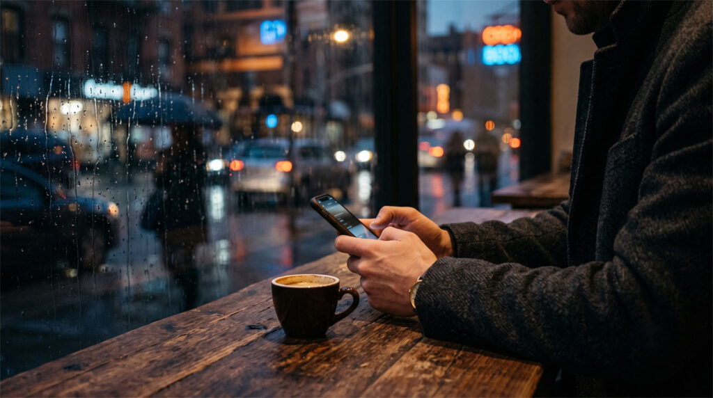Close-up of a man's hands holding a phone at a cafe table at dusk, symbolizing clear communication in modern dating.