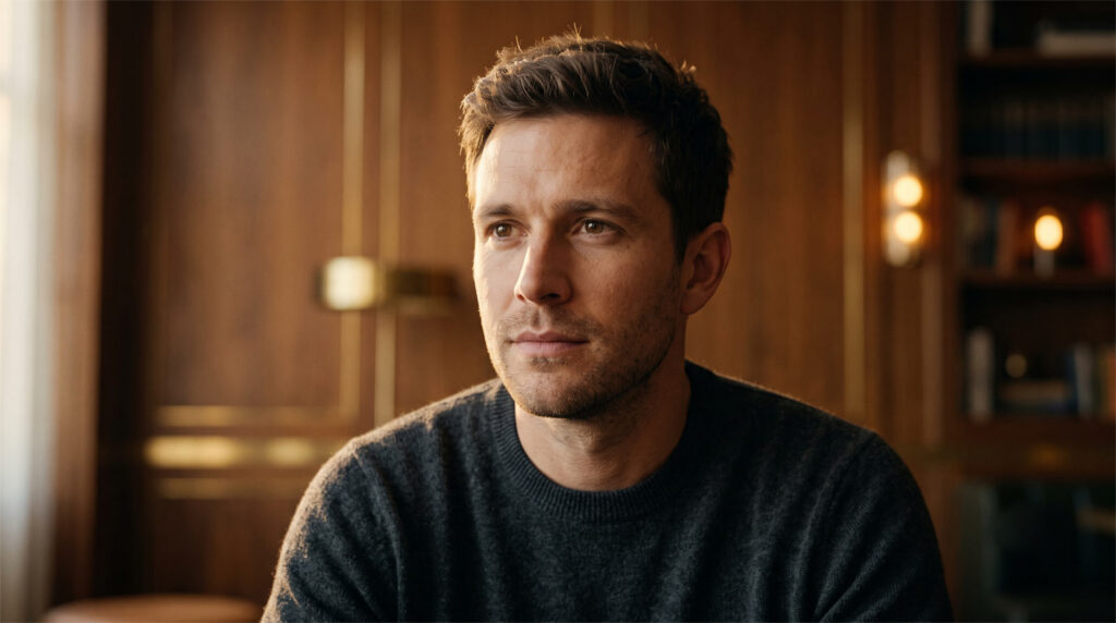 Medium close-up of a man looking with steady, sincere focus during a conversation, representing emotional depth and confidence on a date.