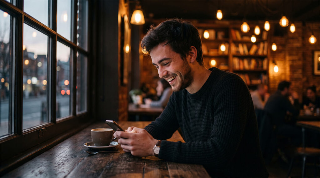 Cinematic photo of a young man laughing spontaneously while looking at his phone, illustrating the unedited human reality of digital pre-dating.