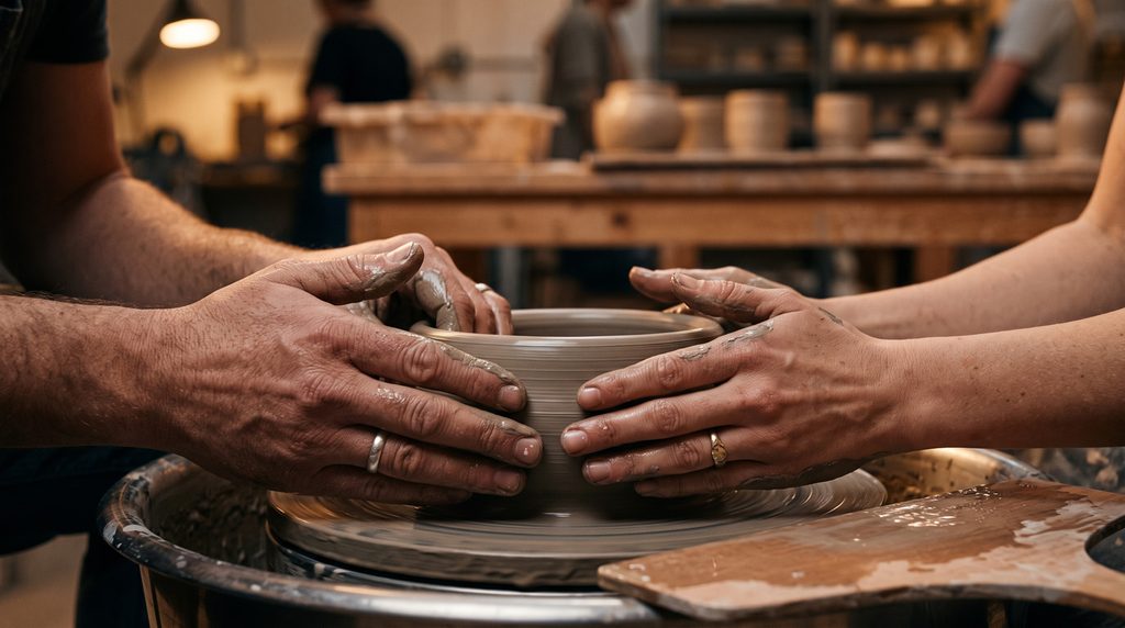 Two people shaping clay on a pottery wheel at an activity-based speed dating night.