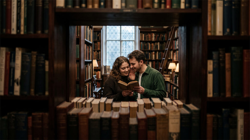 Couple sharing a book in a cozy bookstore aisle during a low-budget intentional date.