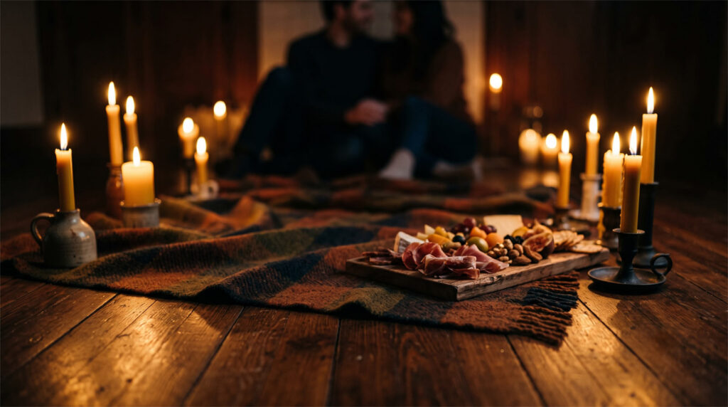 Cozy indoor living room date setup with candles, plush blankets, and a charcuterie board